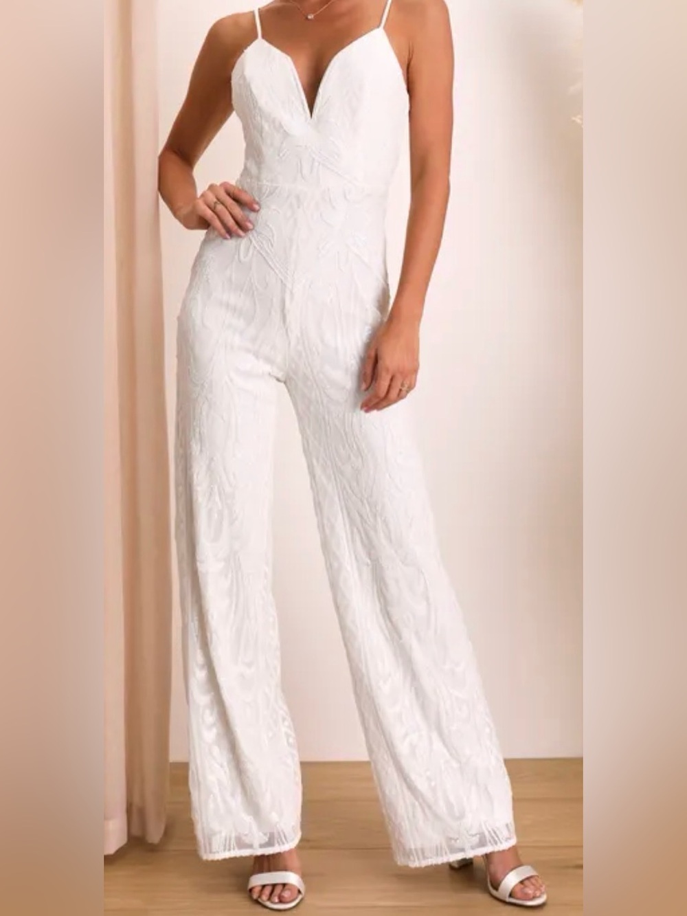 Lulu’s wide leg, sequin white jumpsuit!